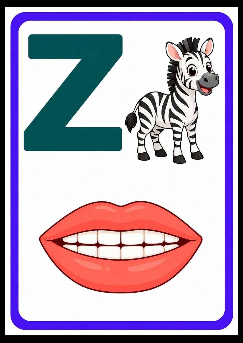 Alfabeto das boquinhas letra Z com zebra listrada e dentes visíveis